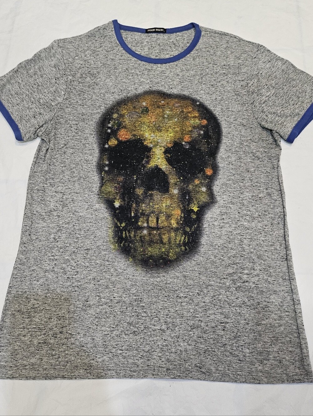 Broken English Men's Sequin Skull Gray Ringer Graphic Tee Shirt Size L (Fits M)